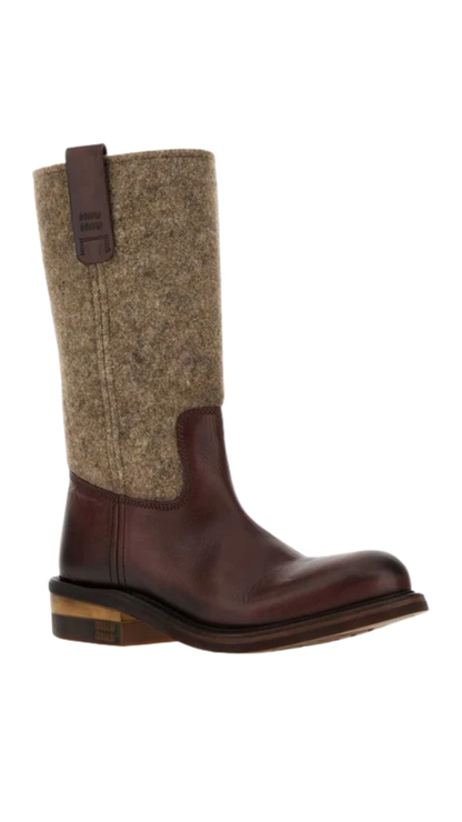 Leather and Drill Mid-Calf Boots