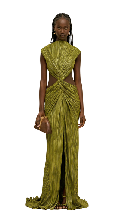Voss Gown Origami Plisse Gown Featuring a High Neck in Chive