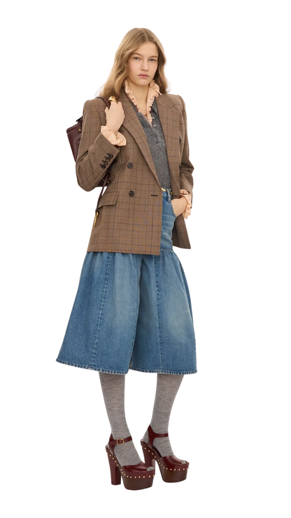 Double-Breasted Tailored Jacket in Brown / Beige Check Wool