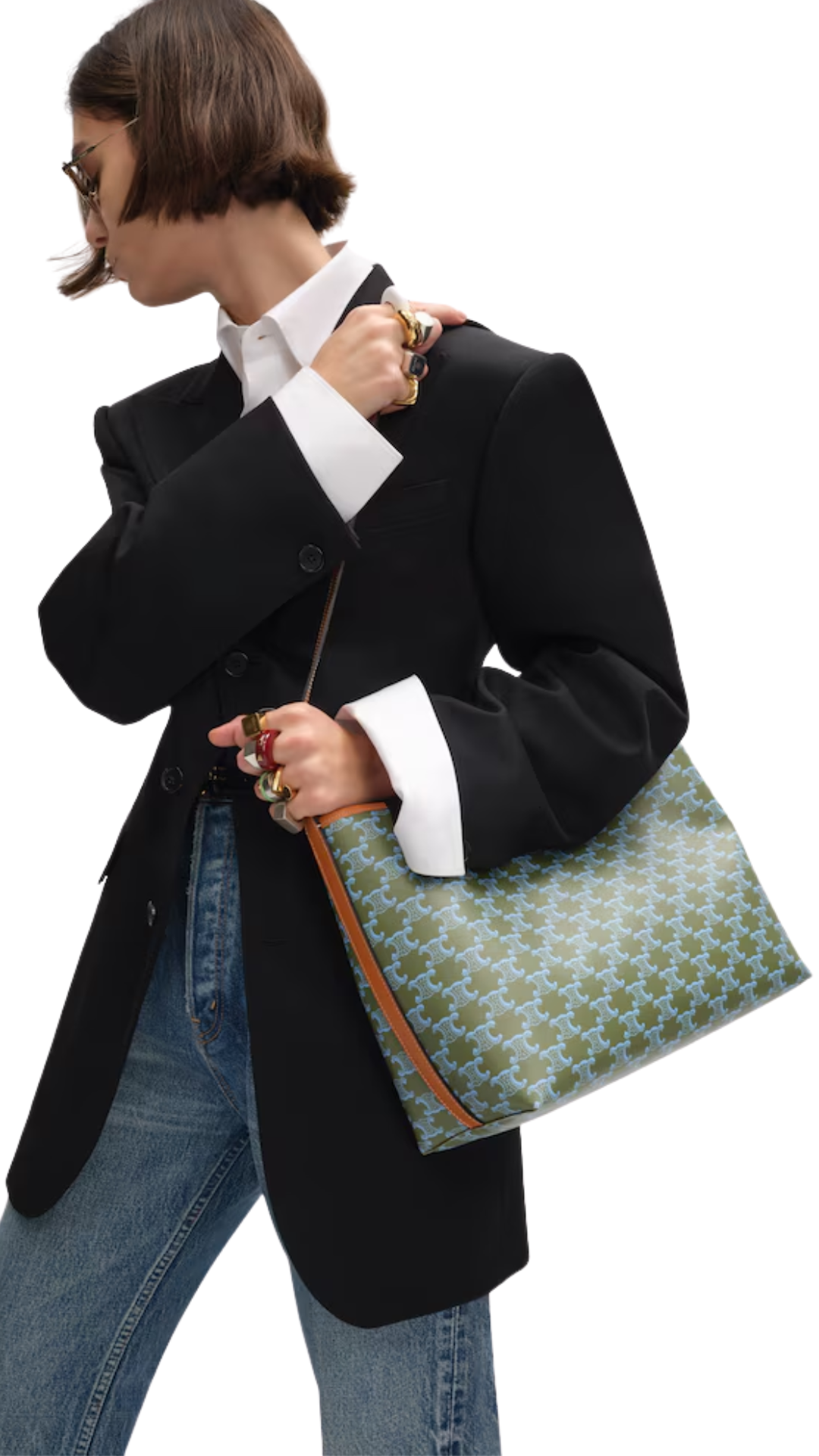 Soft Shopper Bag in Light Kaki / Sky Blue Triomphe Canvas and Calfskin