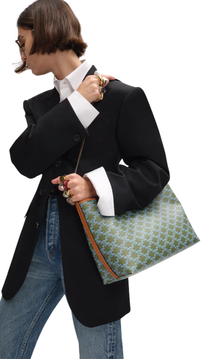 Soft Shopper Bag in Light Kaki / Sky Blue Triomphe Canvas and Calfskin