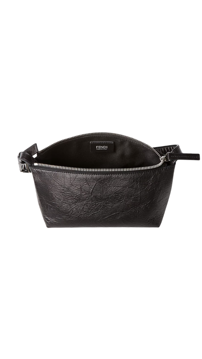 Vanity Pouch Small Crackled Black Leather Bag