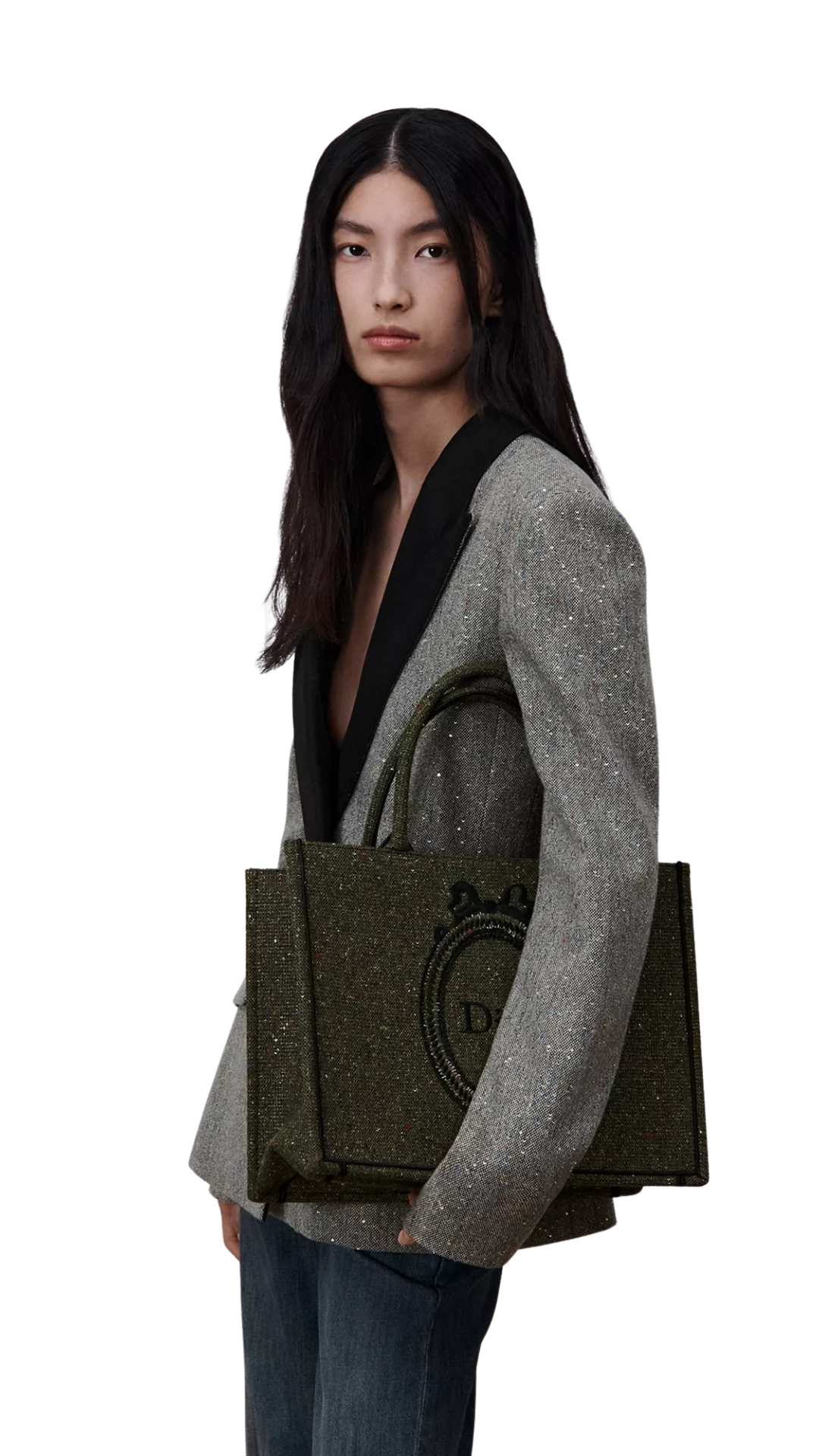Medium Dior Book Tote with Strap in Khaki Sequin-Embroidered Tweed and Dior Médaillon