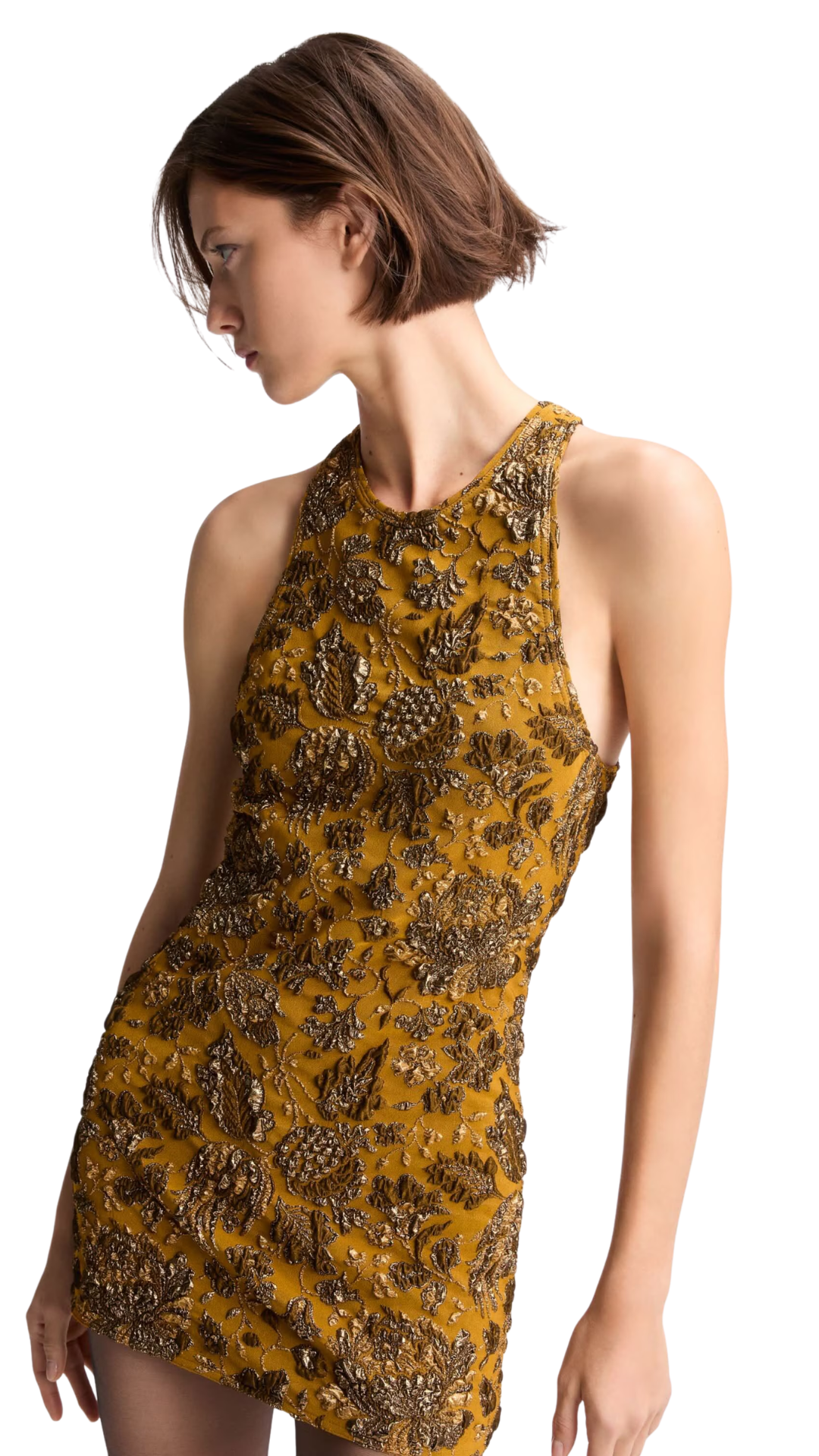 Cross-Back Mini dress in Mordore Or Stretch Brocade