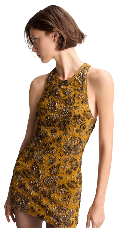 Cross-Back Mini dress in Mordore Or Stretch Brocade