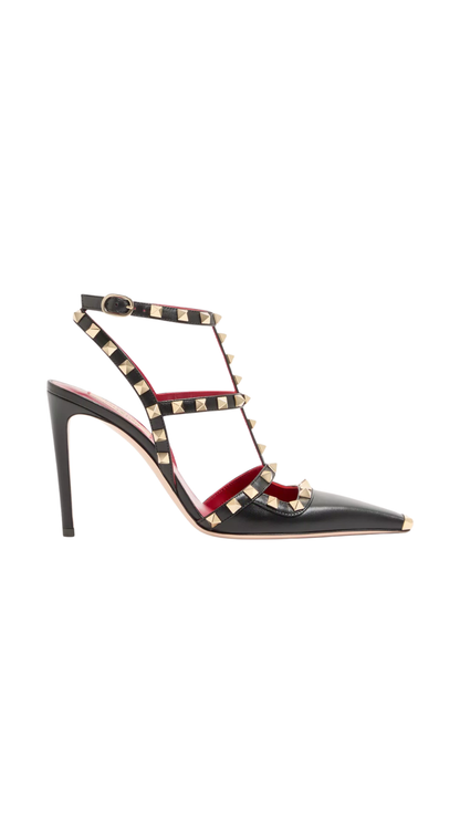 Rockstud Leather Ankle-Strap Pumps in Black