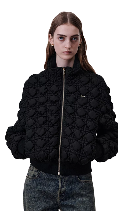 Zipped Macrocannage Jacket in Black Quilted Technical Fabric