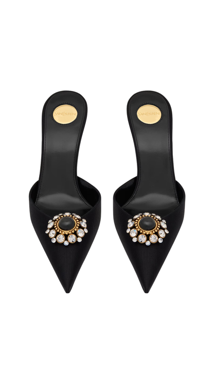 Cosmo Mules in Black Satin and Crystals