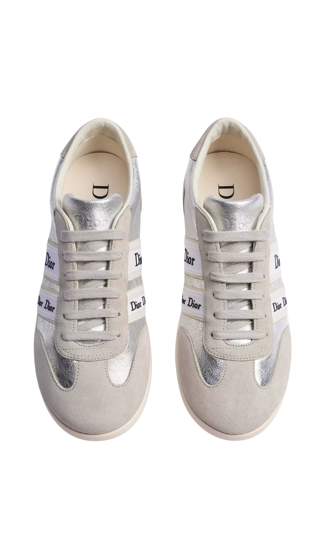 Ribbon Sneaker in Gray Suede Calfskin and Silver-Tone Crinkled Laminated Lambskin