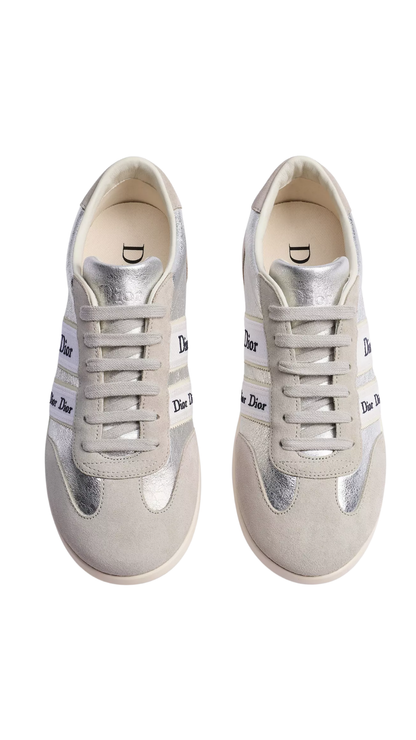 Ribbon Sneaker in Gray Suede Calfskin and Silver-Tone Crinkled Laminated Lambskin