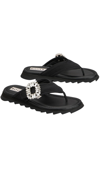 Slidy Viv' Thong Mules in Black Satin