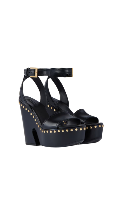 Clog Platform Sandals in Black Leather with Studs Detail