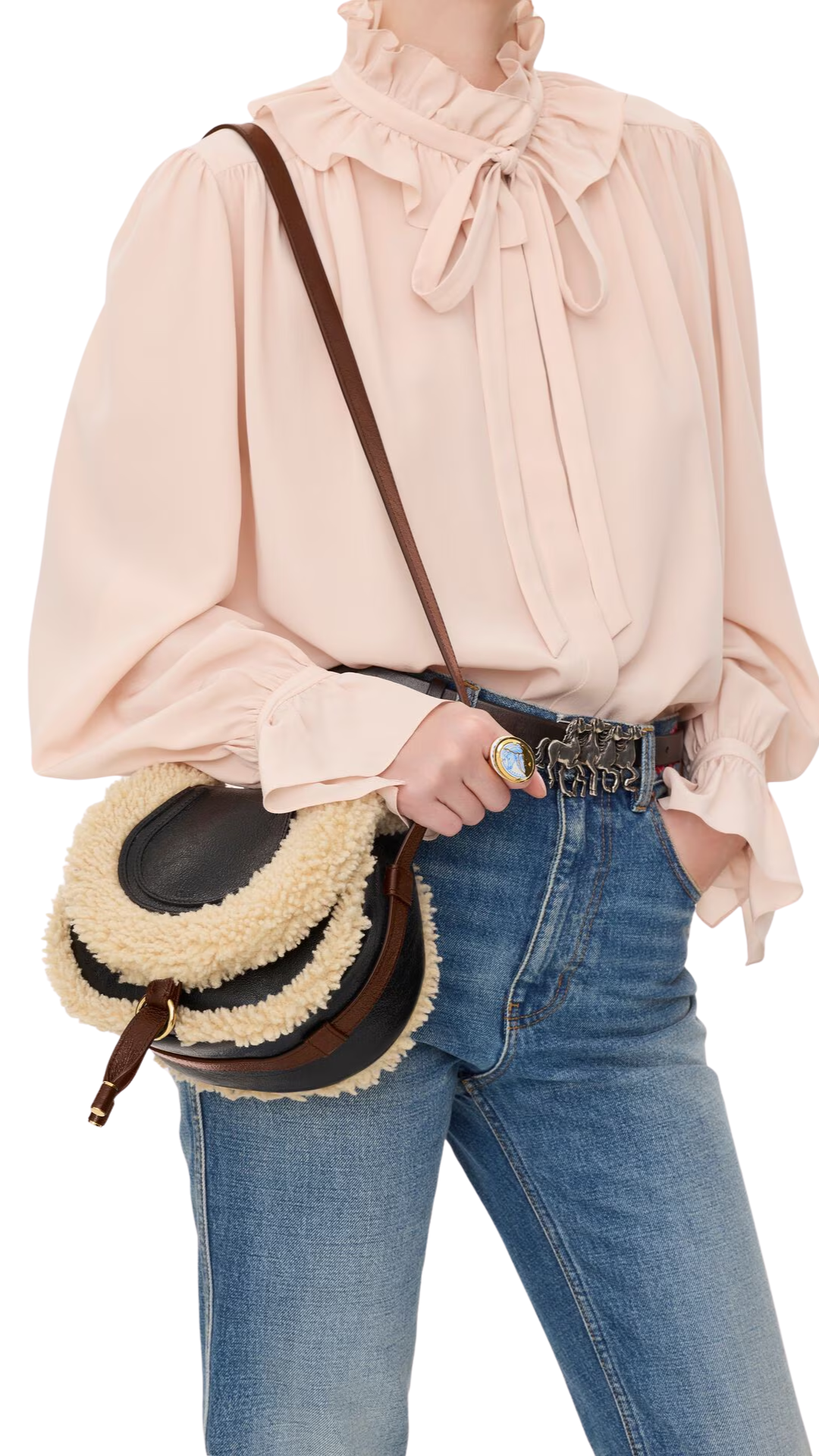 Small Marcie Saddle Bag in Black Shearling & Grained Leather