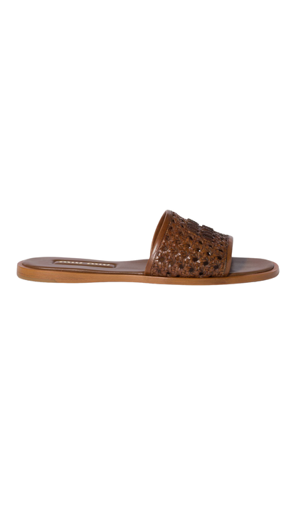 Woven Leather Slides in Cognac
