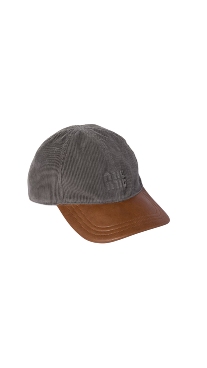 Corduroy and Leather Baseball Cap in Smoke/Oak