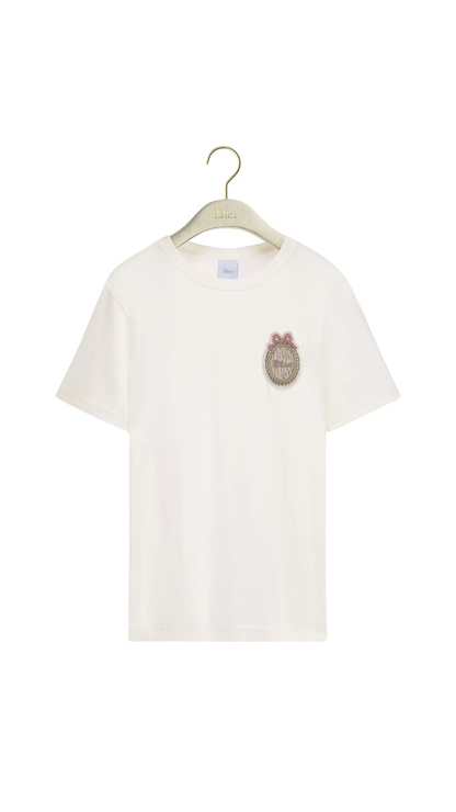 Dior Médaillon Embroidered Fitted T-Shirt in Ecru Cotton Jersey
