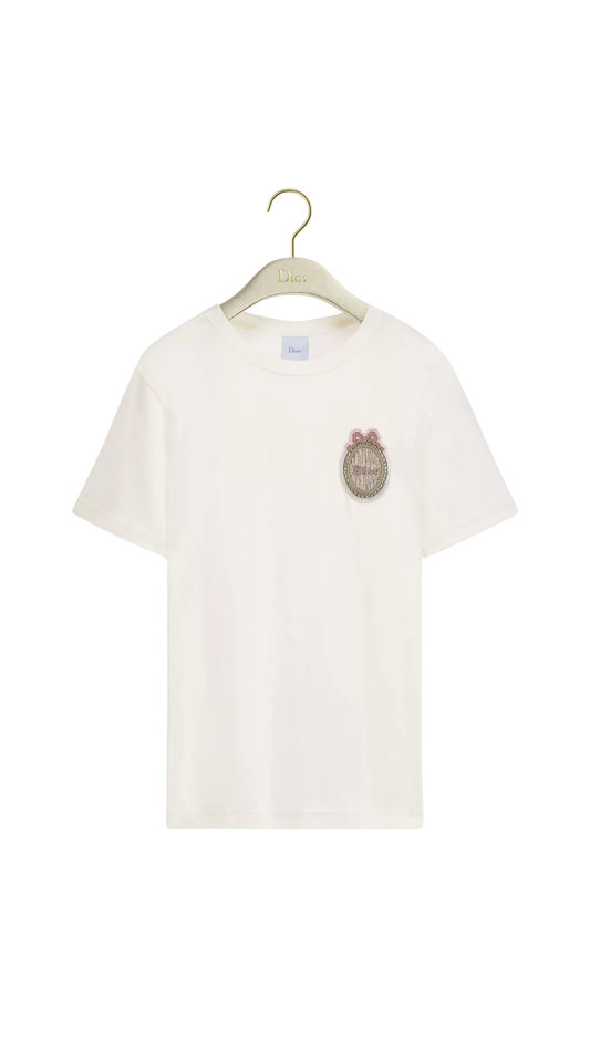 Dior Médaillon Embroidered Fitted T-Shirt in Ecru Cotton Jersey