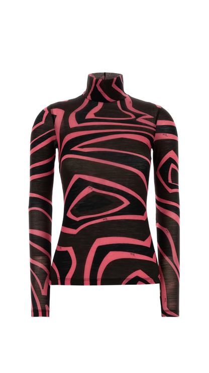 Printed Wool Blend T-Shirt in Brown and Coral