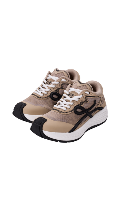 Pogo Sneaker in Beige/Black/White Technical Knit and Suede