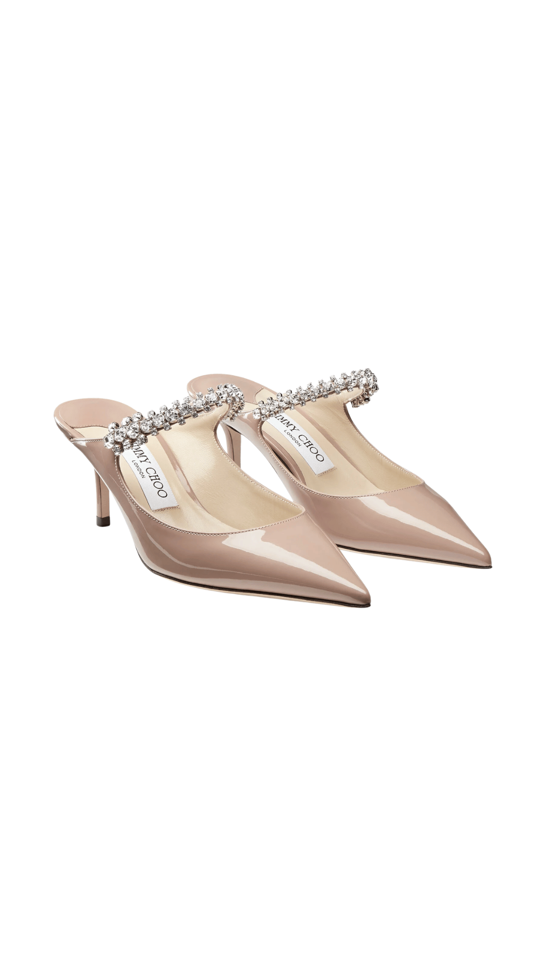Bing 65 Ballet Pink Patent Leather Mules with Crystal Strap