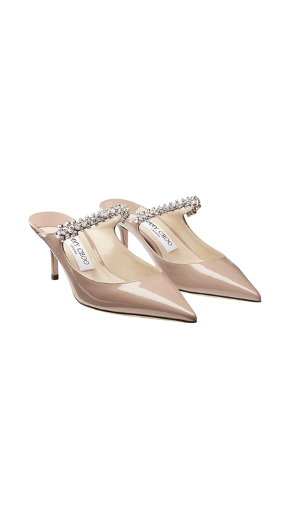 Bing 65 Ballet Pink Patent Leather Mules with Crystal Strap