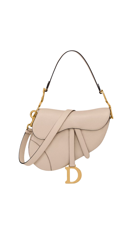 Saddle Bag with Strap in Powder Beige Grained Calfskin