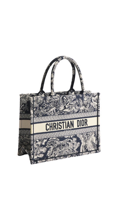 Medium Dior Book Tote in Blue and Ecru Toile de Jouy Reverse Embroidery