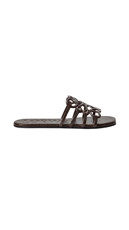Petal Anagram Slide in Dark Brown Croc-Embossed Calfskin