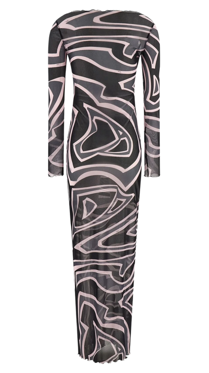 Abstract-Printed Crewneck Maxi Dress in Black