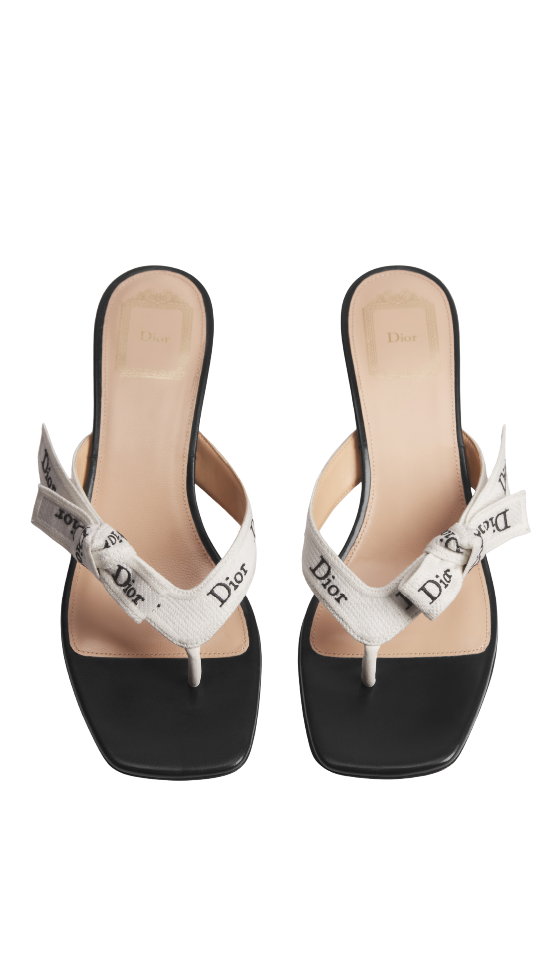 J'Adior Heeled Thong Sandal White Embroidered Cotton and Black Lambskin