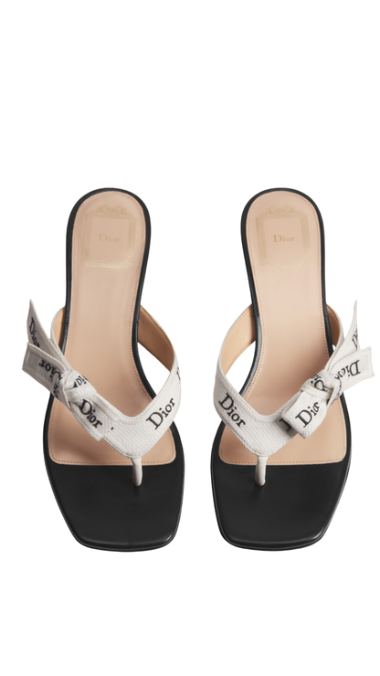 J'Adior Heeled Thong Sandal White Embroidered Cotton and Black Lambskin