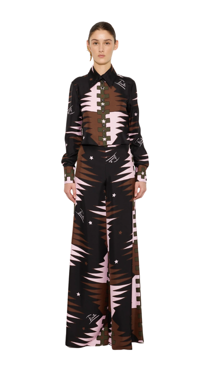 Valdimontone Print Silk Crop Shirt in Khaki and Pink