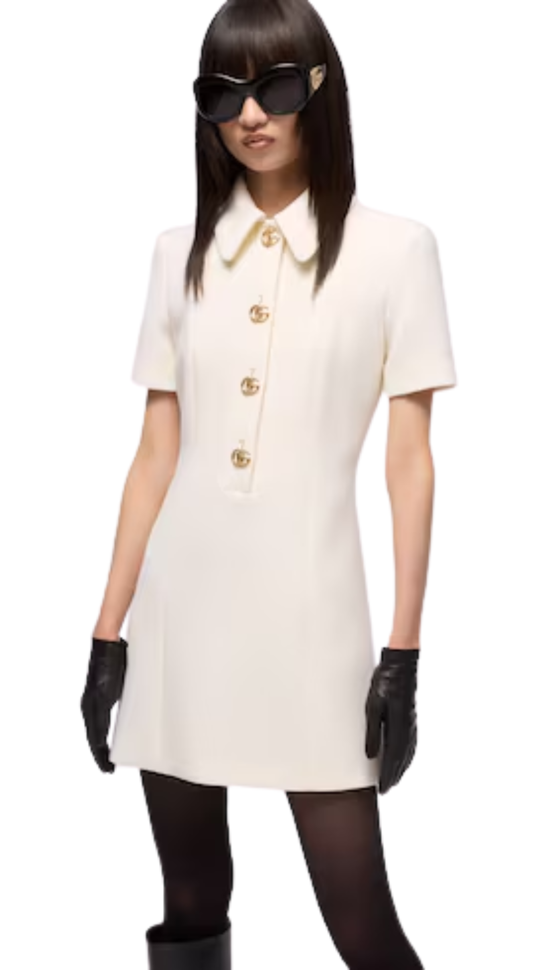 Crêpe Wool Dress with Double G Button in White