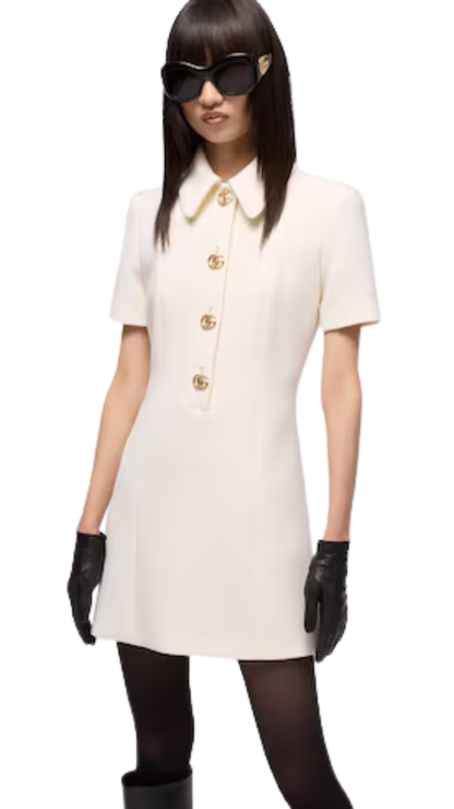 Crêpe Wool Dress with Double G Button in White