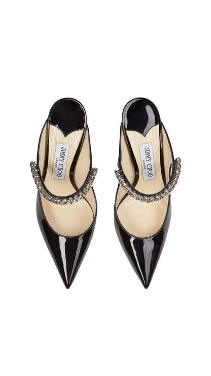 Bing 100 Black Patent Leather Mules with Crystal Strap