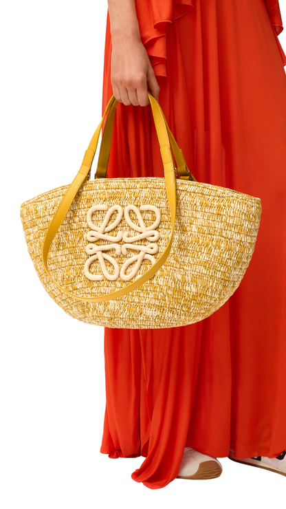 Medium Eclipse Basket in Raffia and Calfskin in Mustard