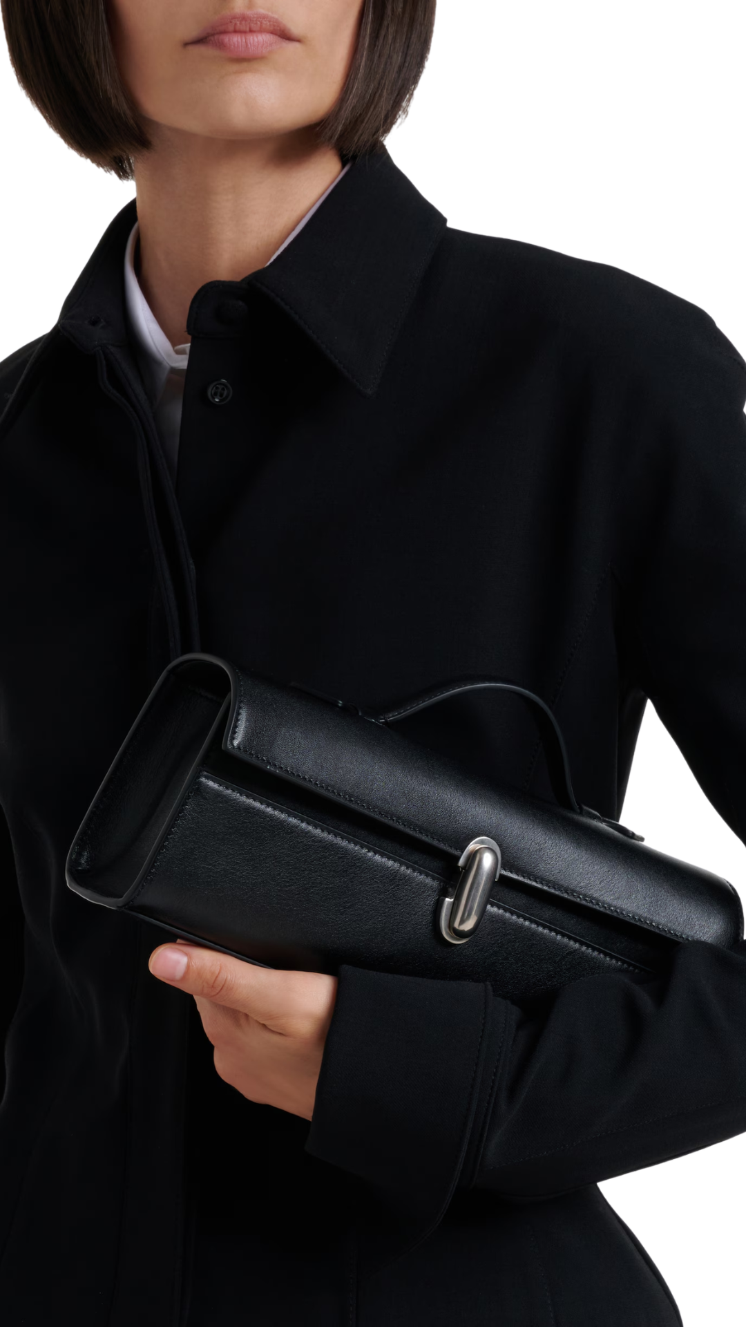 Symmetry Slim Leather Top Handle Bag in Black