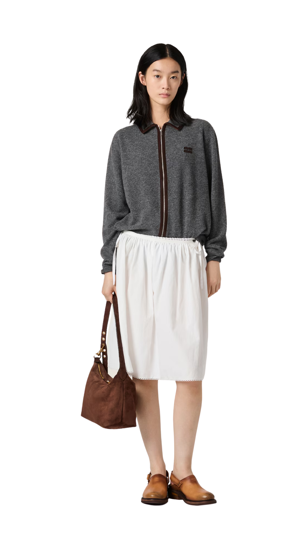 Wool and Cashmere Cardigan with Suede Details in Slate Gray