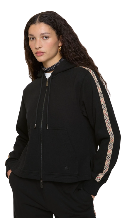 Check Trim Cotton Zip Hoodie in Black