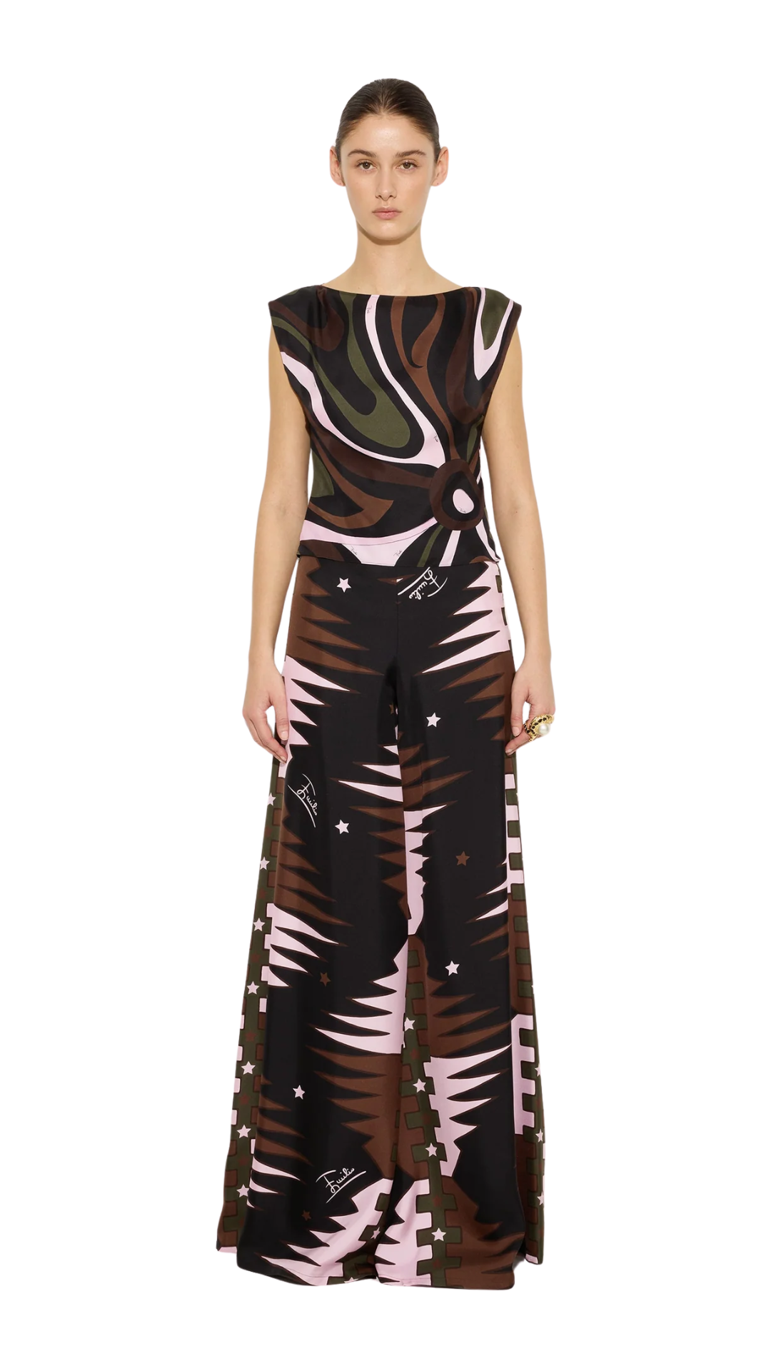 Marmo Print Silk Top in Khaki and Pink