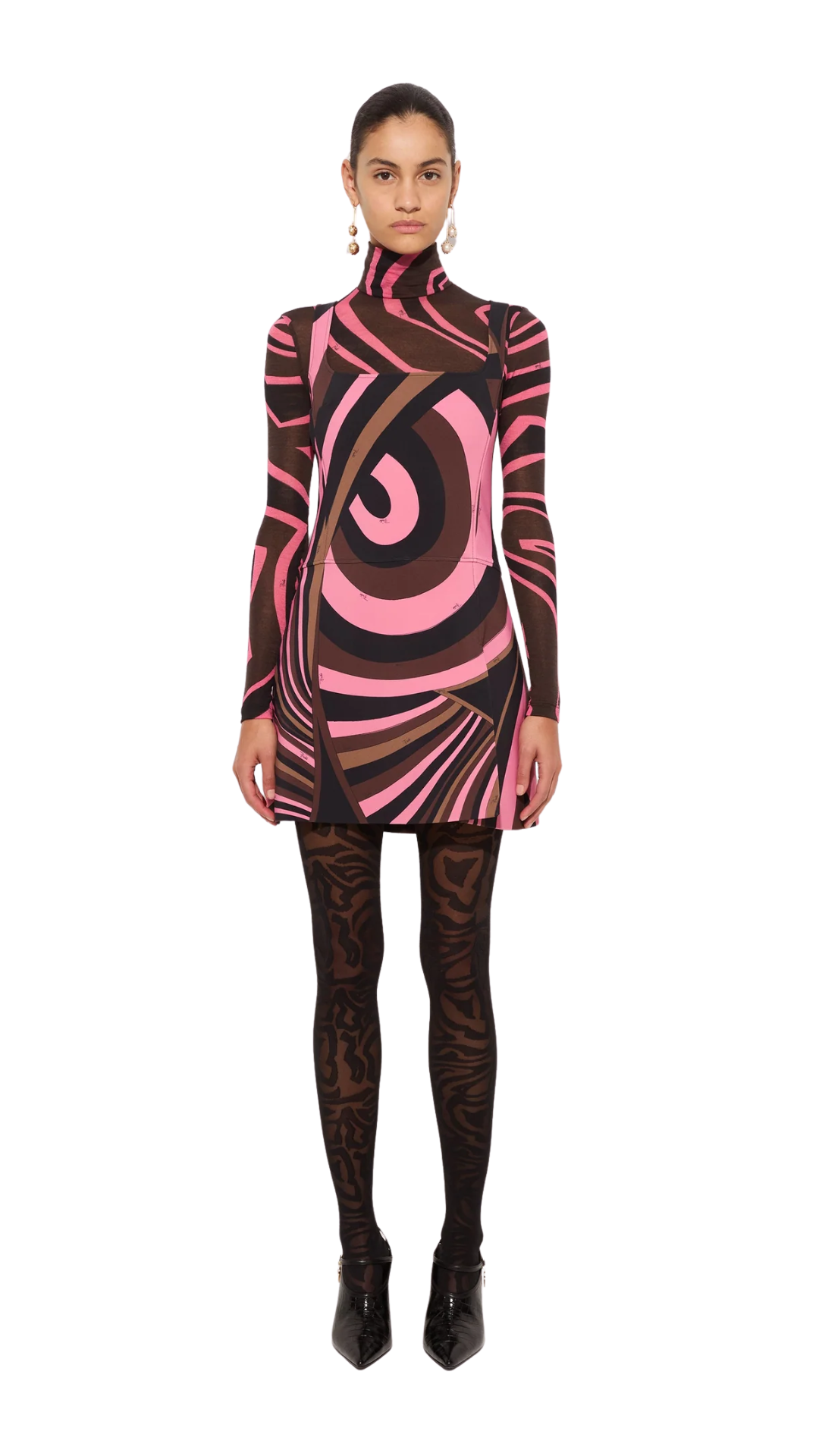 Iride Print Cady Dress in Brown and Coral