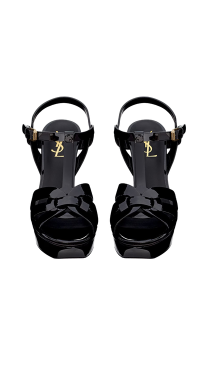 Tribute Platform Sandals in Black Patent Leather