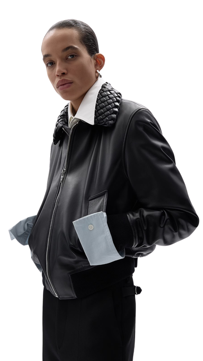 Shiny Leather Padded Blouson in Black