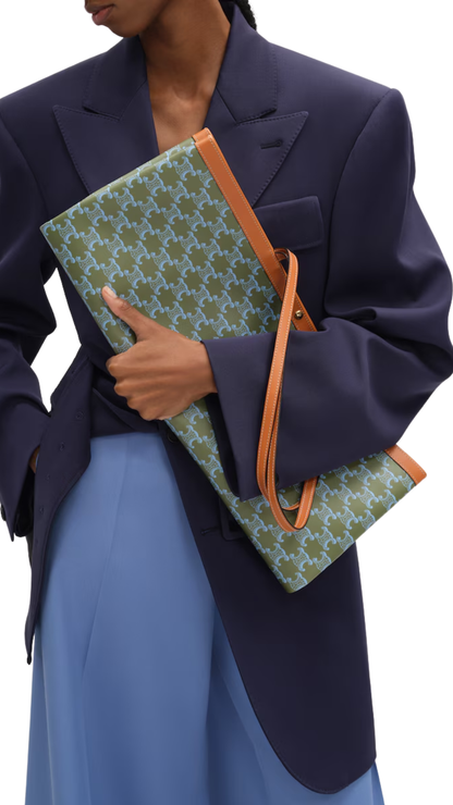 Large Flat Shopper in Light Kaki / Sky Blue Triomphe Canvas
