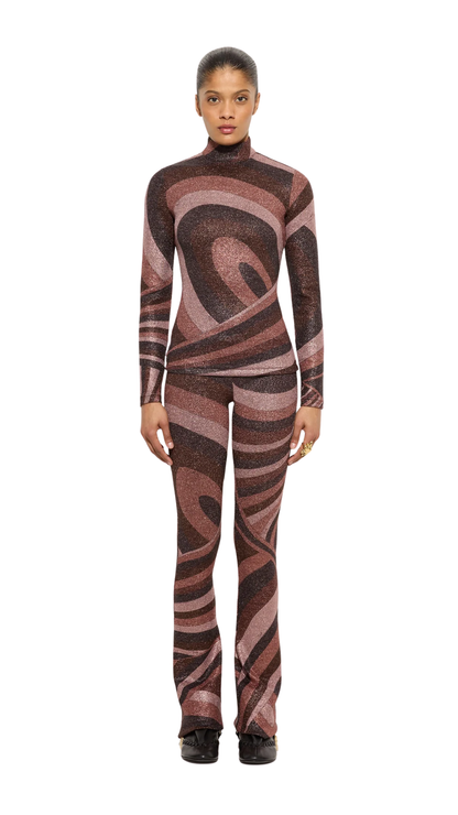 Iride Print High-Neck Lurex Top in Brown and Pink