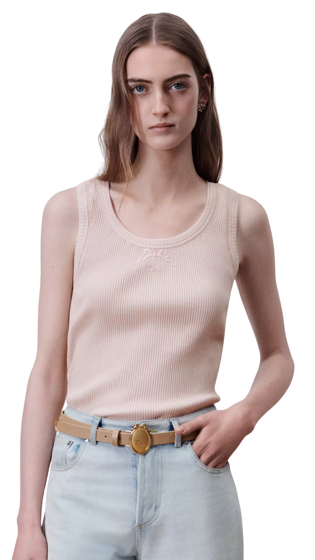 Embroidered Fitted Tank Top in Pink Ribbed Cotton Jersey