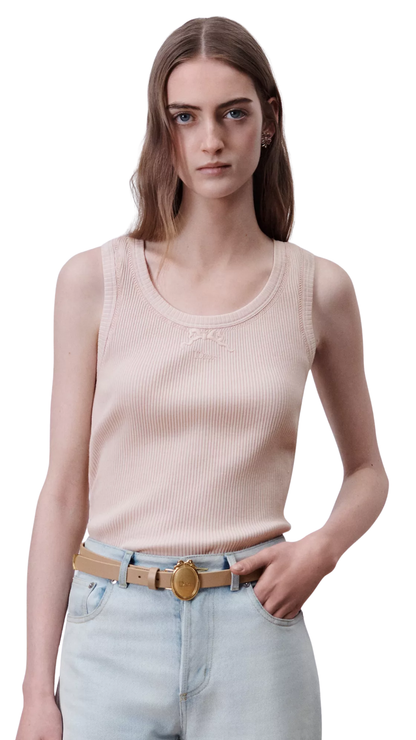 Embroidered Fitted Tank Top in Pink Ribbed Cotton Jersey