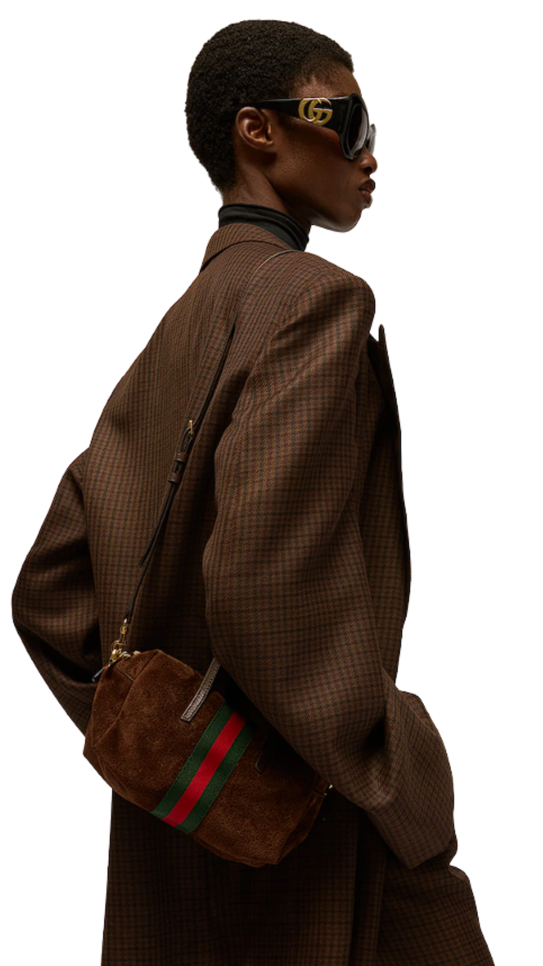 Small Boston Bag with Web in Dark Brown Soft, Perforated GG Suede