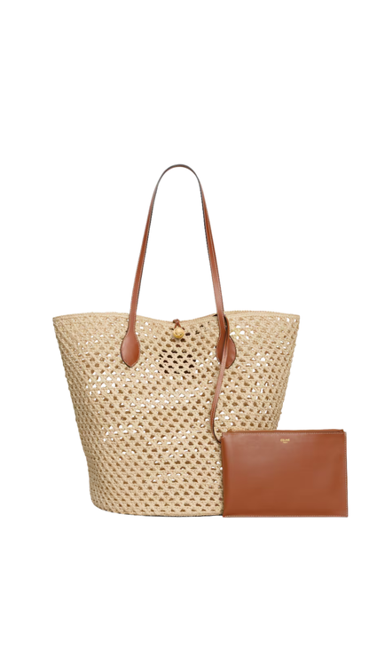 Bucket Triomphe Beads Basket in Tan Raffia and Calfskin
