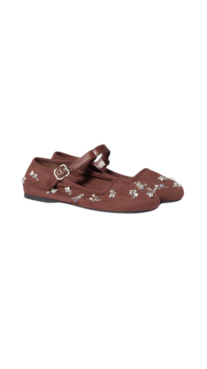 Embroidered Drill Ballerinas in Cocoa Brown